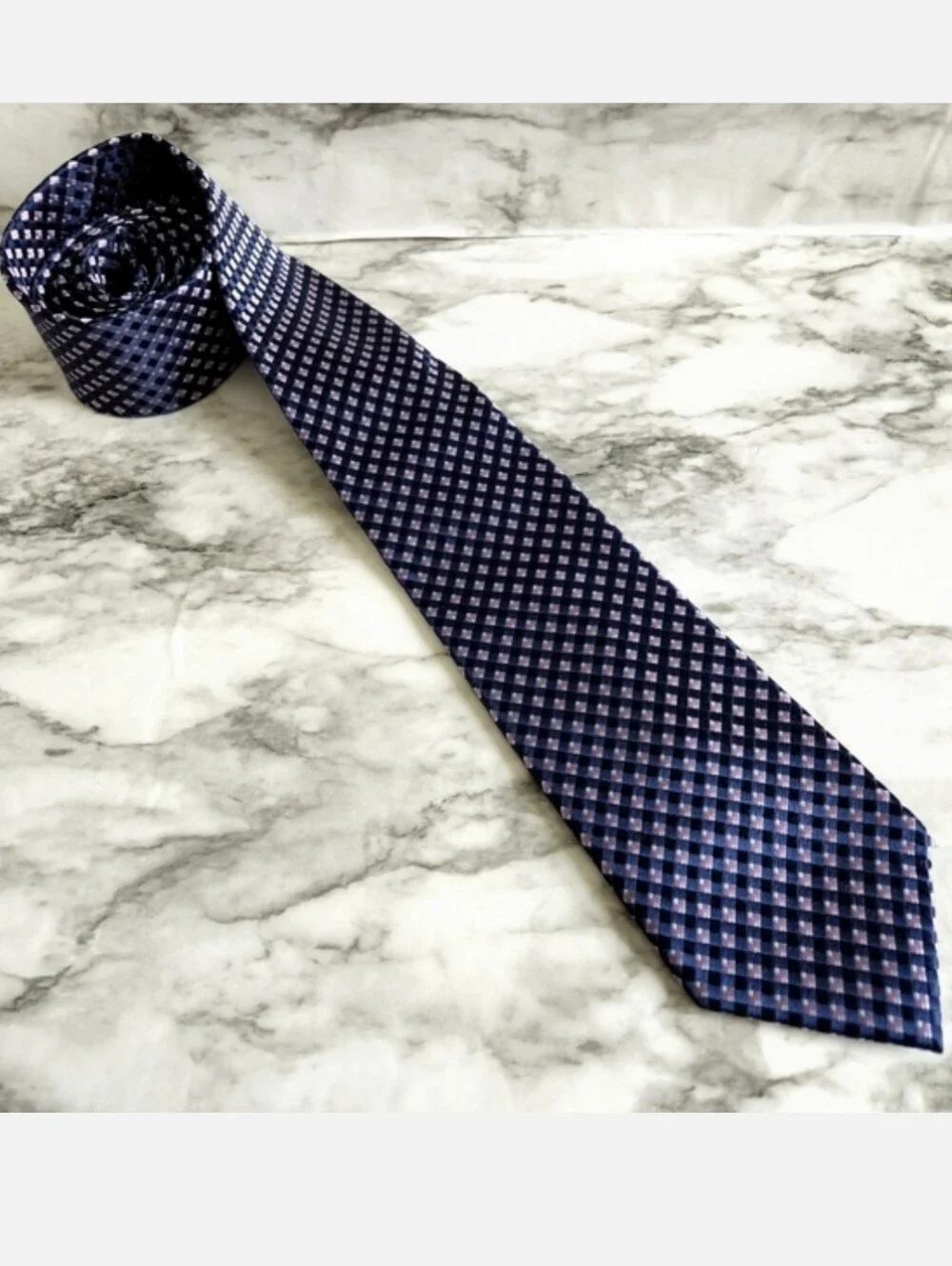 Michael Kors 100% Silk Navy & Purple Necktie With Gray Flecks